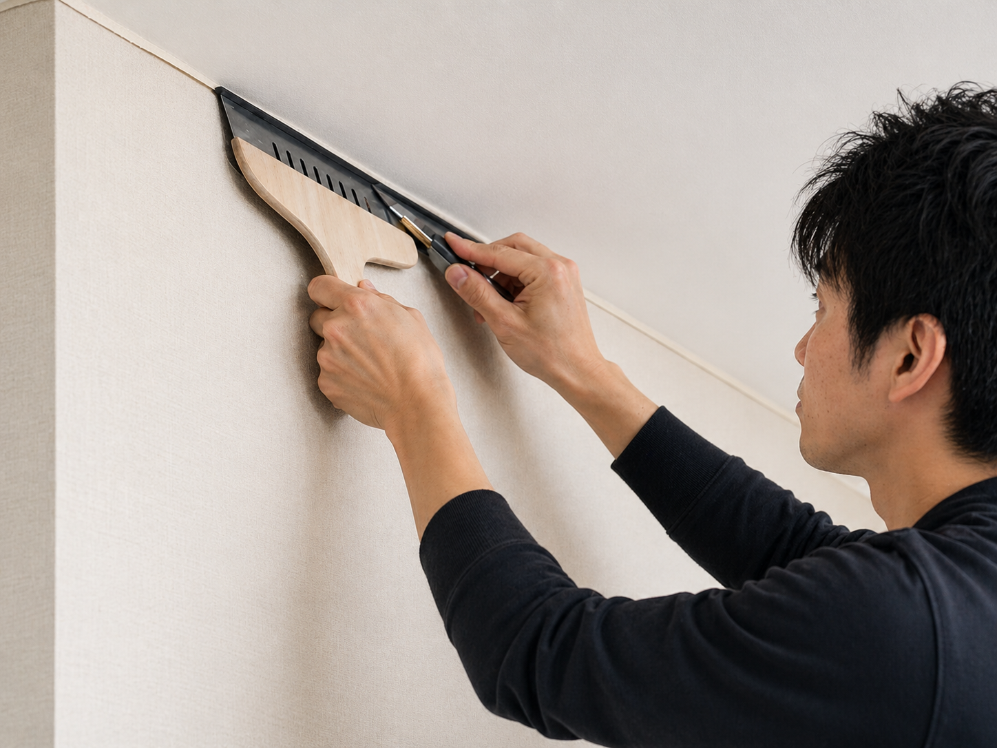 クロス施工中の職人の手元